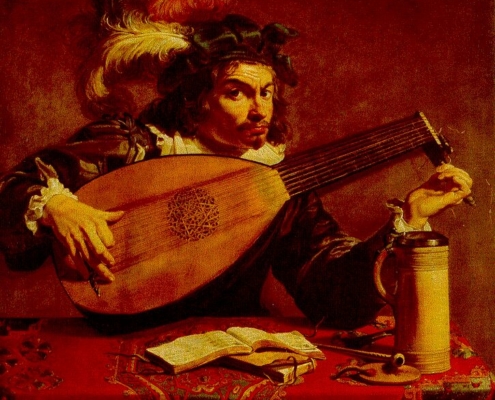 Oil Painting of Man Playing Lute